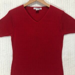 Ryan Harris Silk Knit Top V-Neck Short Sleeve‎ Ribbed Red Shirt Size M